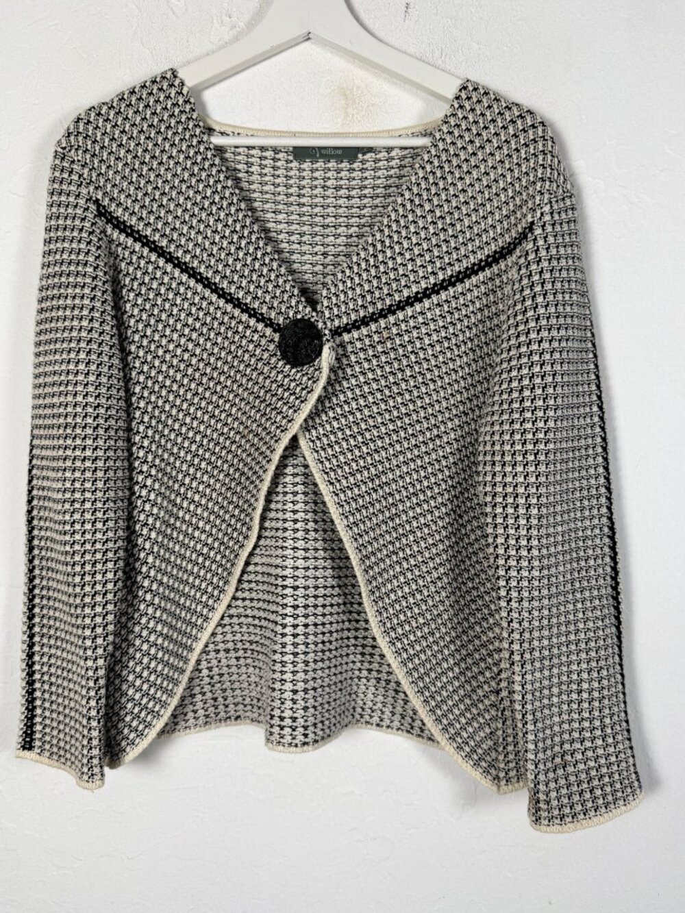 Willow Womens Large Houndstooth Cardigan Black White Chunky Knit One Button Boho